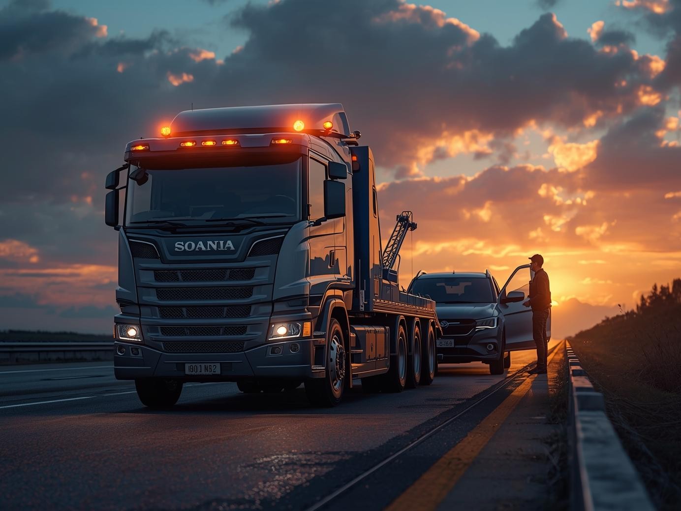 Yol kenarında arızalı aracı taşıyan oto çekici, Gece acil yol yardım hizmeti veren çekici, Şehir içinde araç kurtarma yapan oto çekici, Kaza sonrası hasarlı aracı yükleyen çekici, Otoyolda 7/24 oto kurtarma hizmeti, Platformlu güvenli araç taşıma aracı, Vinçli oto çekici ile araç yükleme, Gün batımında yol yardım çekicisi, Güvenlik ışıkları açık oto kurtarıcı, Profesyonel araç çekme hizmeti