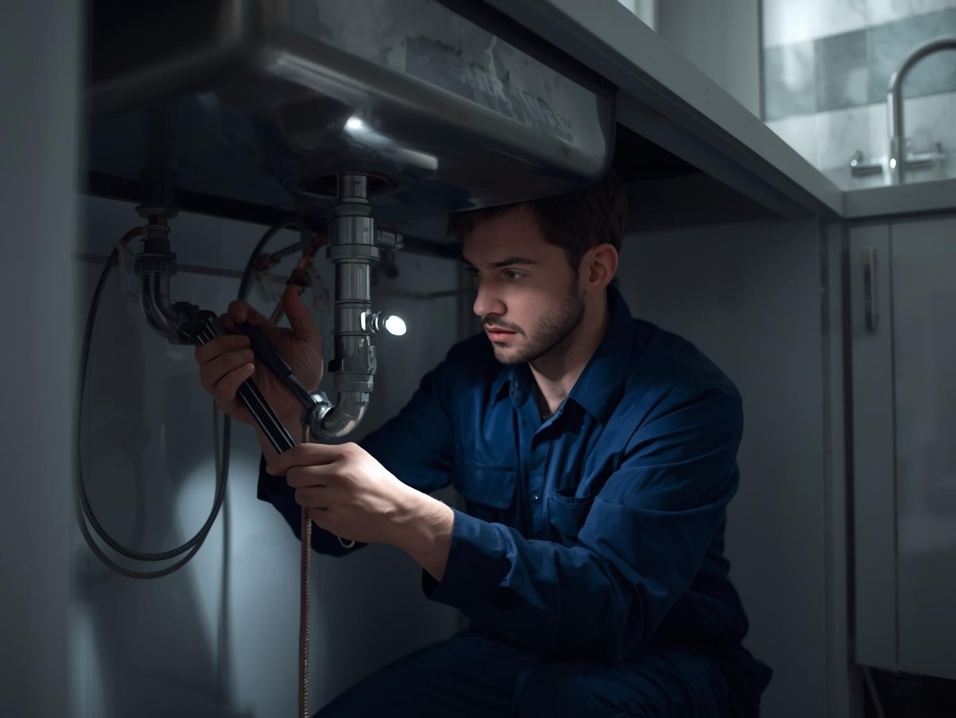 Su tesisatı tamir ücreti – Profesyonel tesisatçı mutfak altı boru bağlantısı yaparken