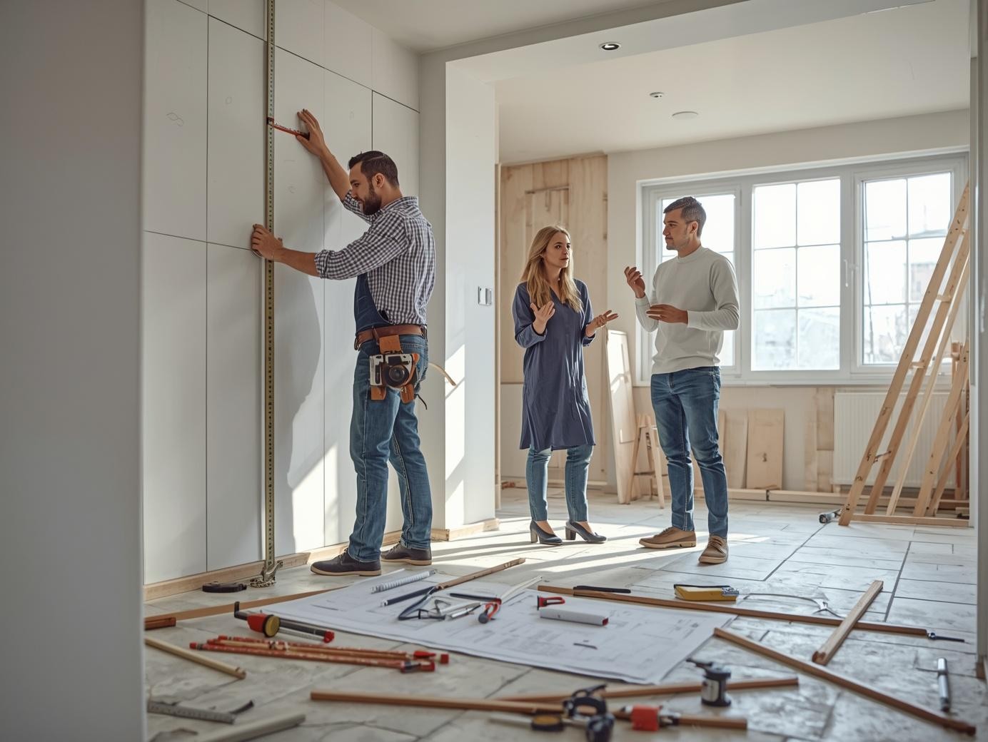 Tadilat ustası seçim kriterleri – Usta duvarda uygulama yaparken kalite kontrol ediliyor