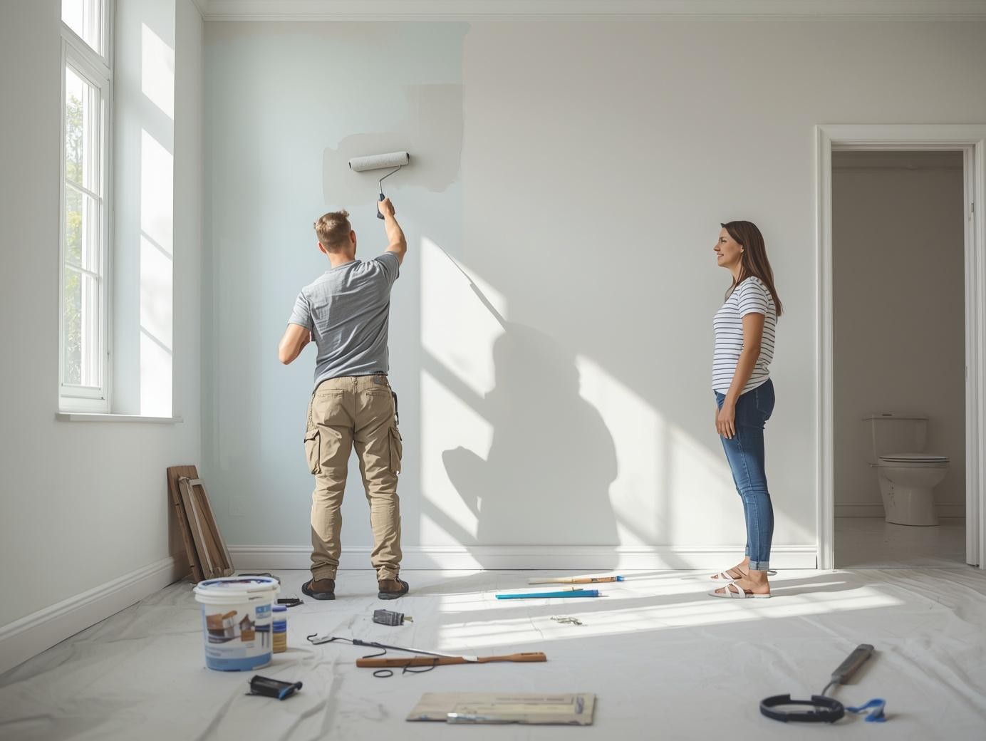 Güvenilir boyacı seçim rehberi – Profesyonel boyacı astar uygulaması yaparken kalite kontrol ediliyor