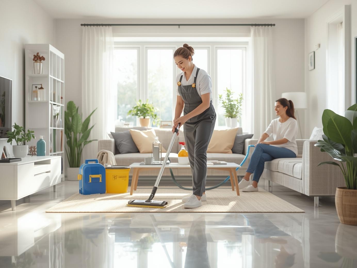 Temizlik şirketi seçim rehberi – Profesyonel temizlik ekibi modern ekipmanlarla ev temizliği yaparken