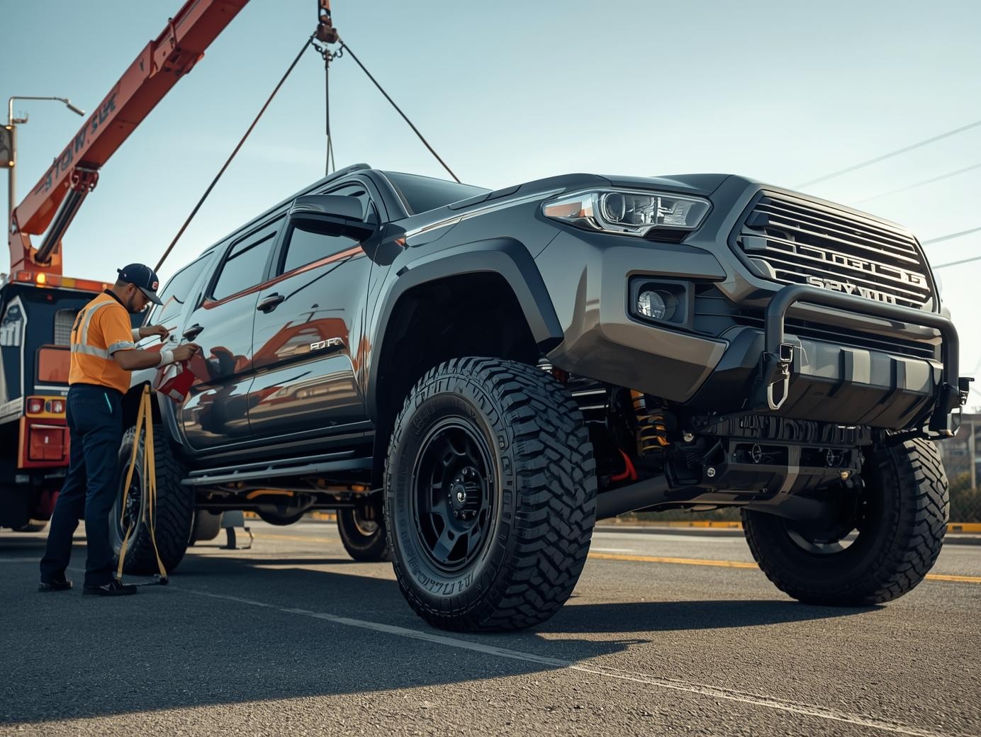 4x4 araç çekimi sırasında ahtapot çekici ile dört tekerden kaldırılan dört çeker araç