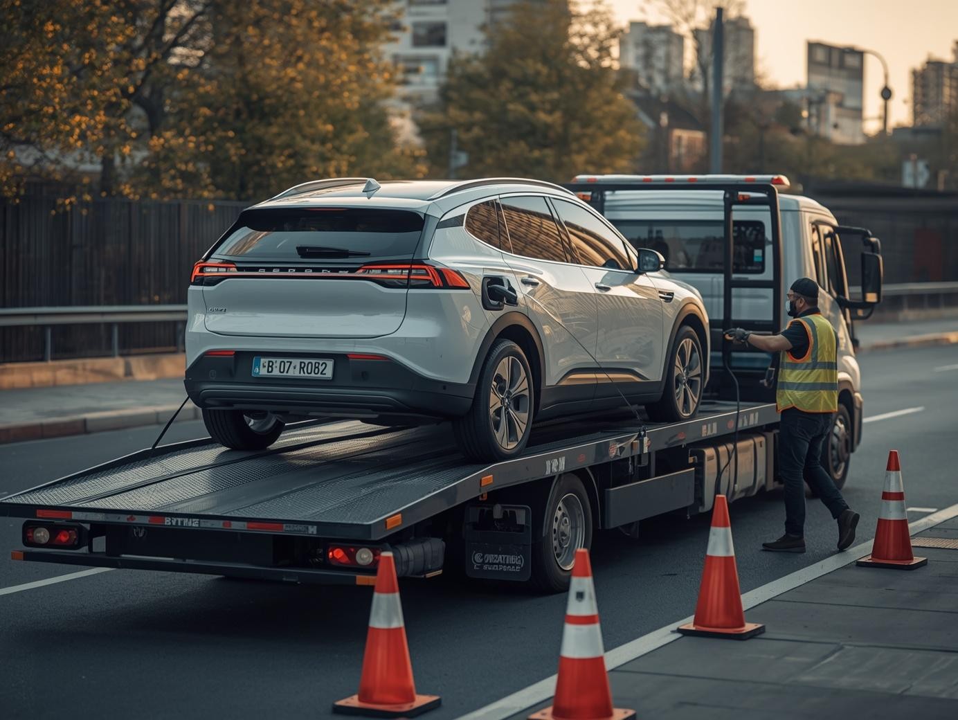 Elektrikli araç çekimi sırasında platform çekici üzerine yüklenen elektrikli otomobil